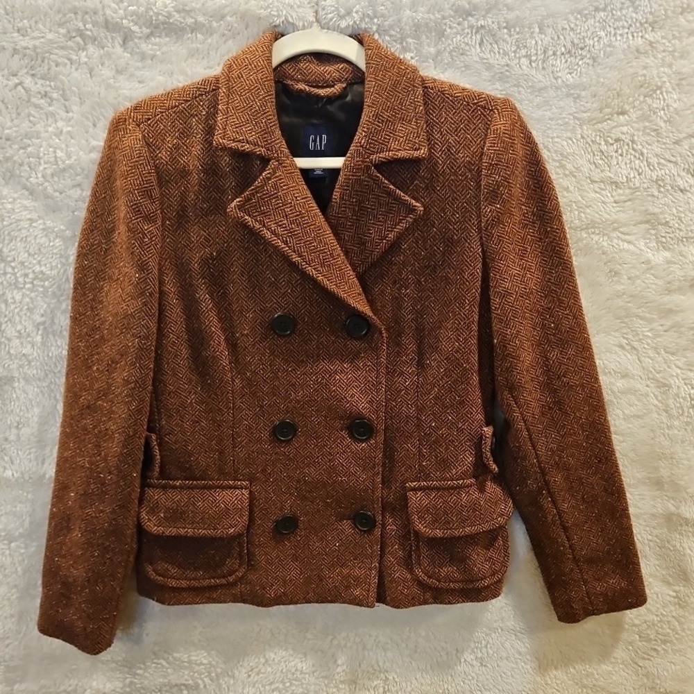 Vtg GAP Sz 8 Tweed Double Breasted‎ Wool Blend Blazer Herringbone #498